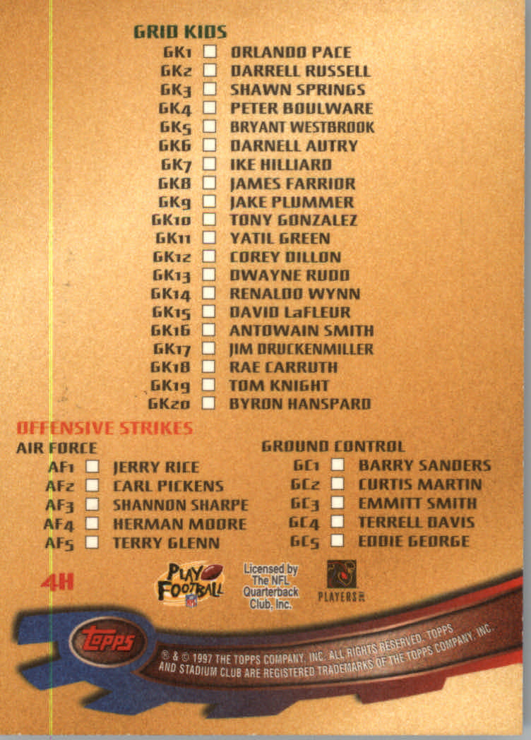 1997 Stadium Club Football "Main Set" Cards #201 to Checklists Rookies and Vets - Picture 252 of 252