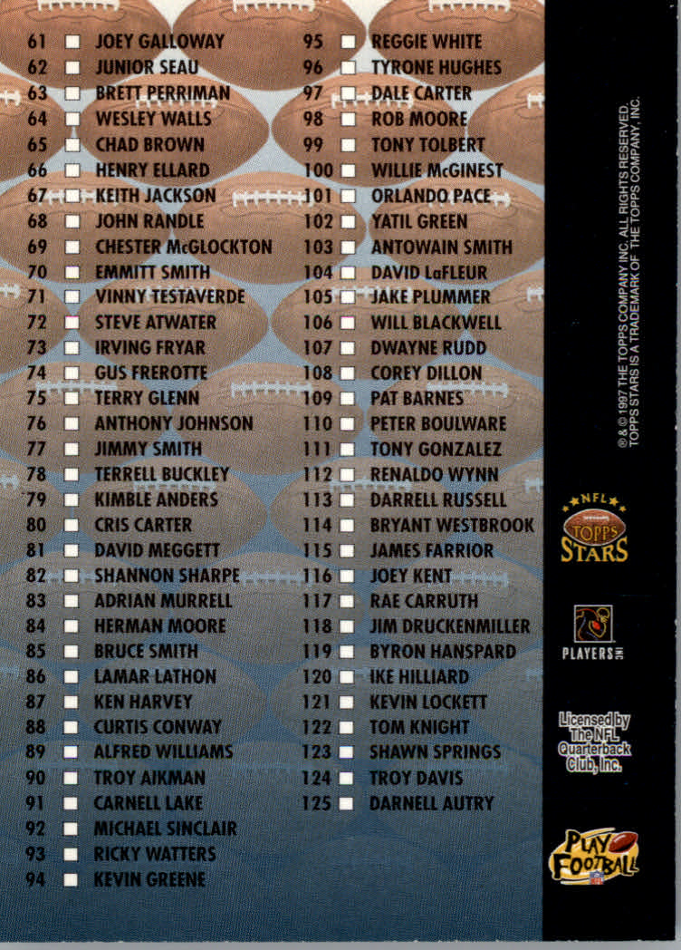 1997 Topps Stars Football "Main Set" Cards #1 to #125 Rookies and Veterans - Picture 171 of 171