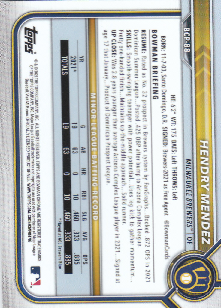 2022 Bowman Chrome Baseball "Prospects" Insert Cards #BCP1 to #BCP150 - Picture 161 of 277