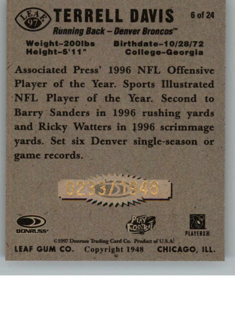 Tarjetas insertadas Leaf Football 1997 "Carteros y reproducciones" - Imagen 7 de 7