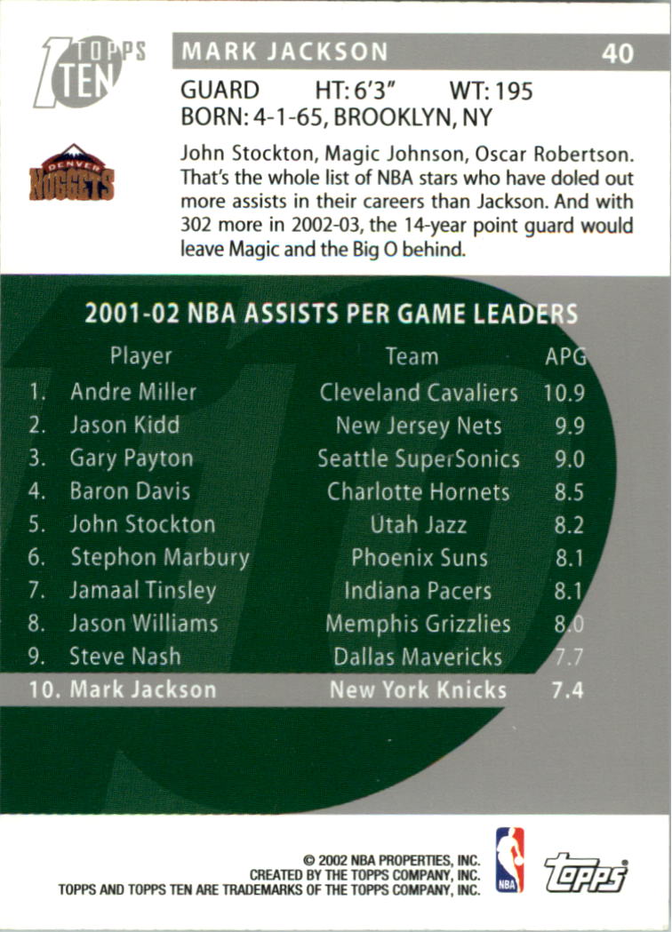 2002-03 Topps Ten Basketball Card Pick - Picture 60 of 209