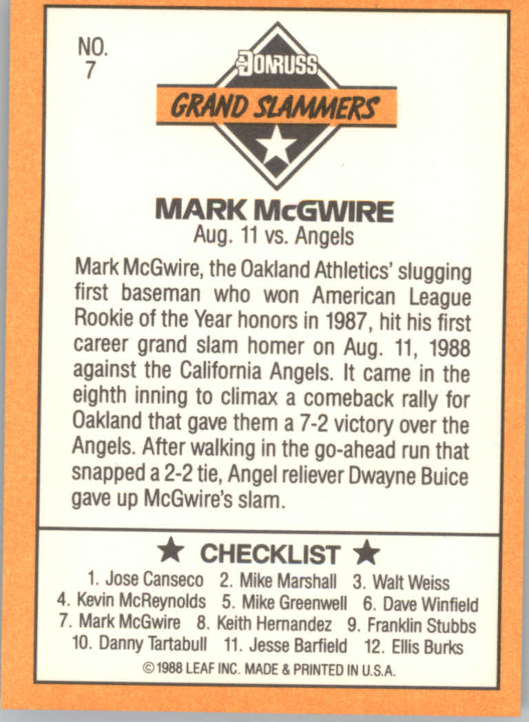 1989 Donruss Baseball "Grand Slammers" Insert Cards - Picture 7 of 9