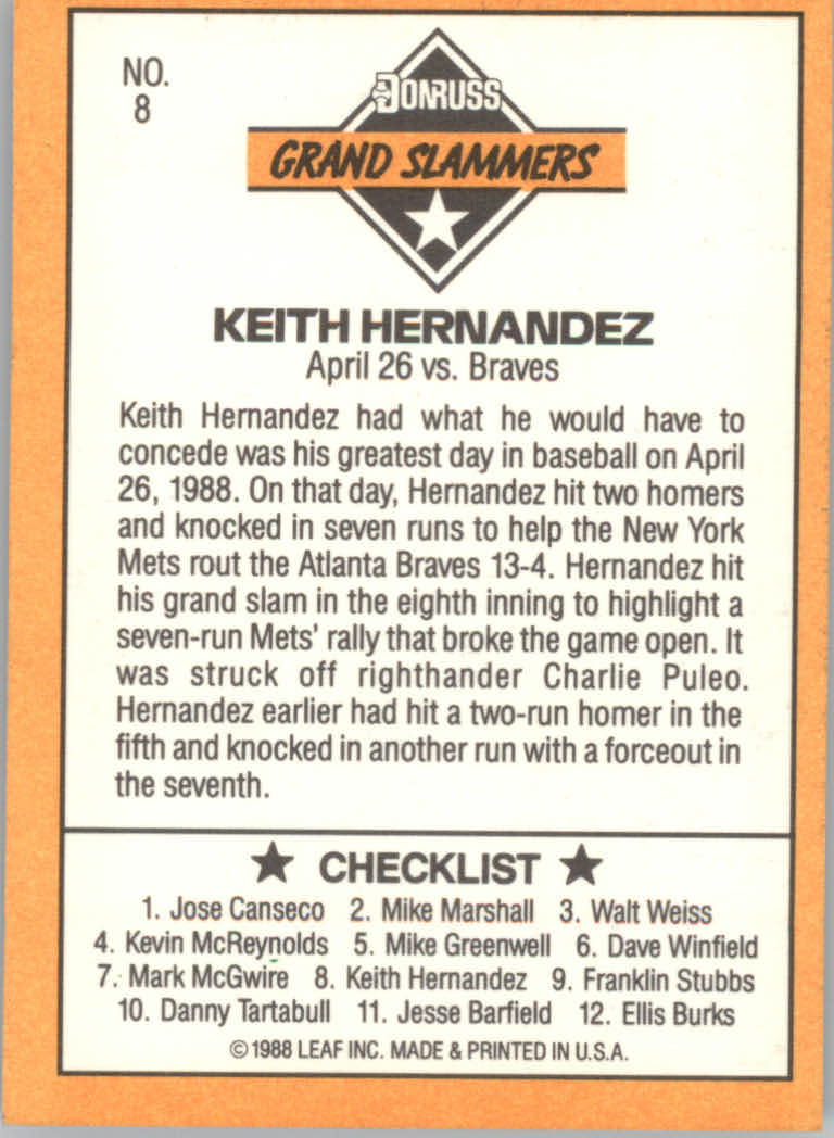 1989 Donruss Baseball "Grand Slammers" Insert Cards - Picture 9 of 9