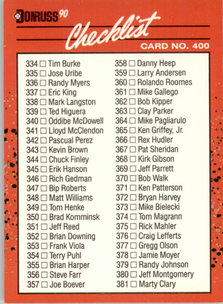 1990 Donruss Baseball "Main Set" Cards #241 to #480 - Picture 322 of 483