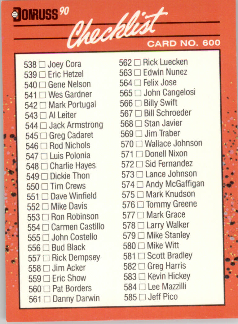 1990 Donruss Baseball "Main Set" Cards #481 to #716 - Picture 222 of 493