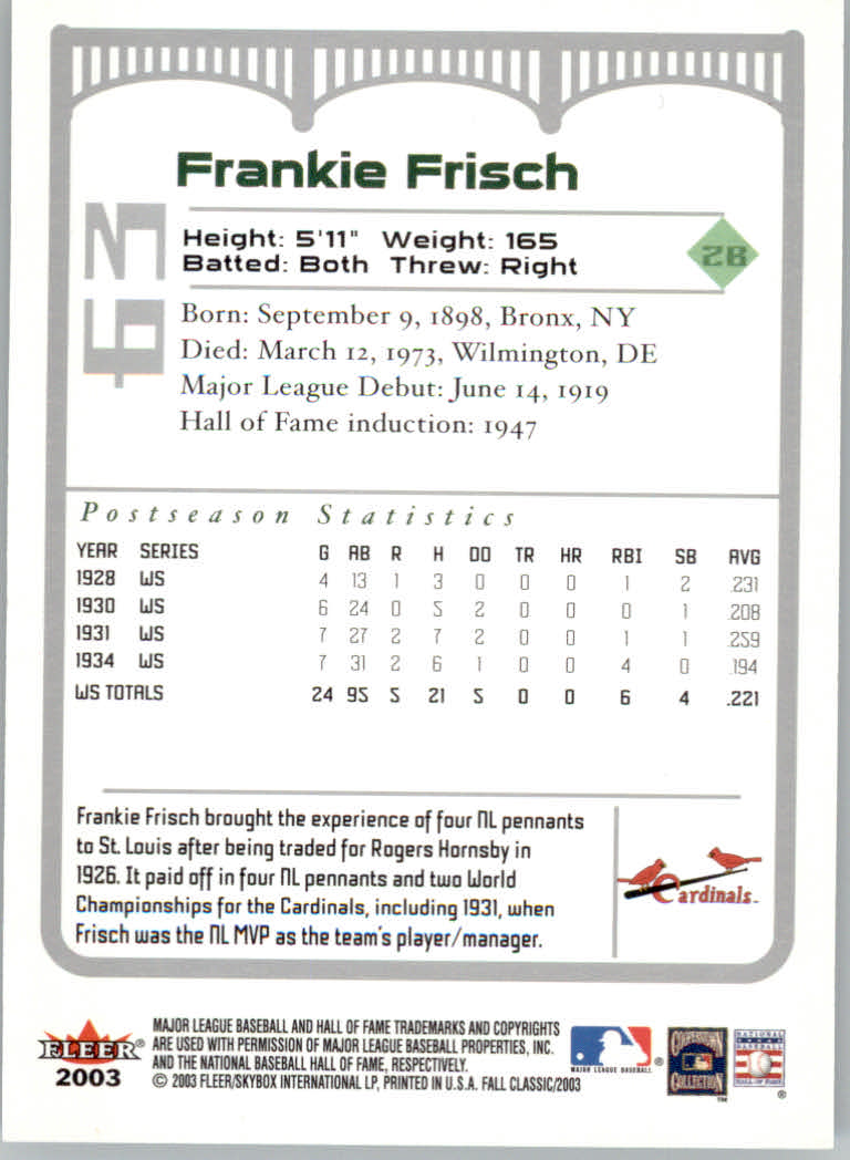 2003 Fleer Fall Classics Baseball "Main Set" Cards - Picture 145 of 197