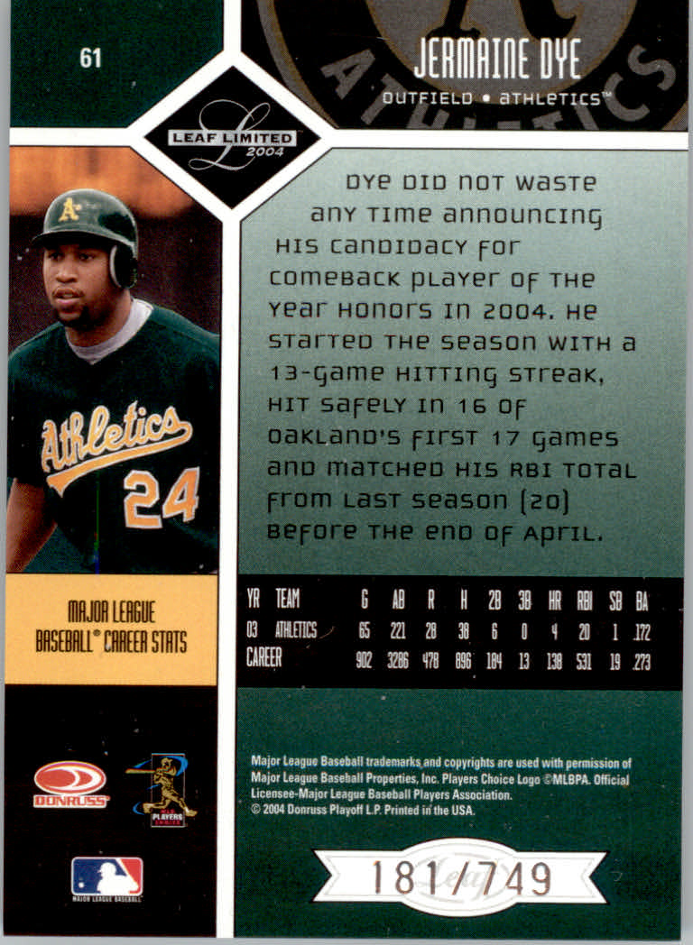2004 Leaf Limited Baseball "Main Set" Base Cards #1 to #248 - Picture 49 of 191