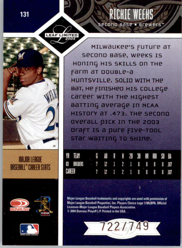 2004 Leaf Limited Baseball "Main Set" Base Cards #1 to #248 - Picture 113 of 191