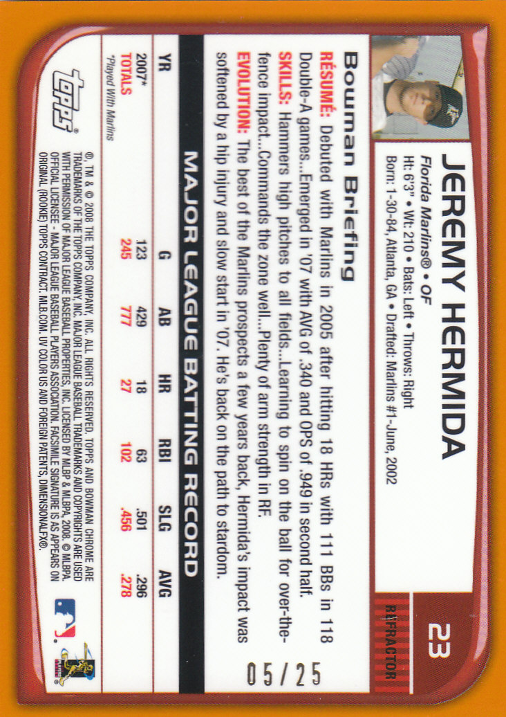 2008 Bowman Chrome Baseball "Orange and Red Refractors" Main Set Parallel Cards - Picture 3 of 23