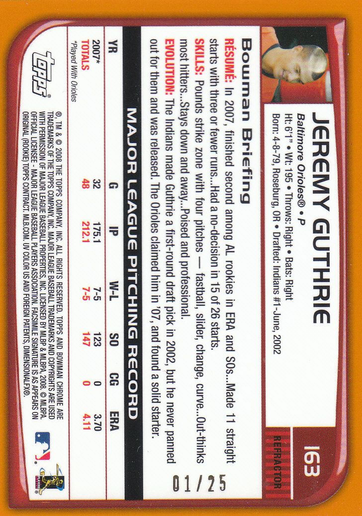 2008 Bowman Chrome Baseball "Orange and Red Refractors" Main Set Parallel Cards - Picture 19 of 23