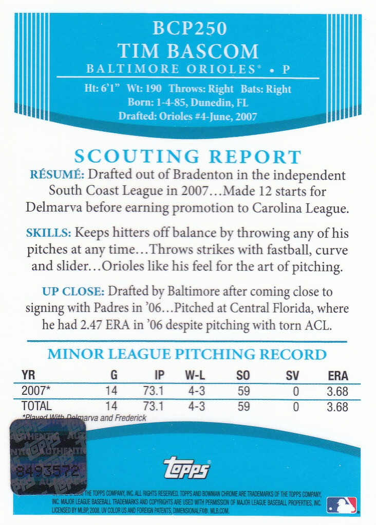 2008 Bowman Chrome Baseball "Prospects" Insert and Autograph Cards - Picture 329 of 339