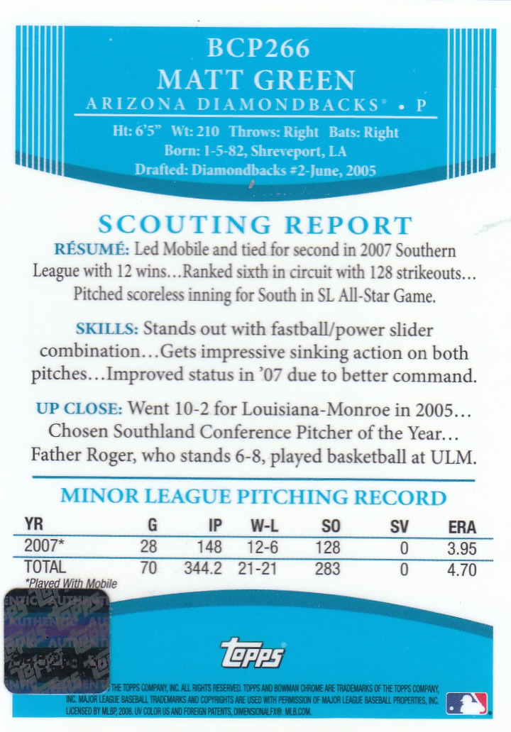 2008 Bowman Chrome Baseball "Prospects" Insert and Autograph Cards - Picture 331 of 339