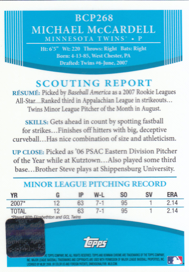 2008 Bowman Chrome Baseball "Prospects" Insert and Autograph Cards - Picture 333 of 339