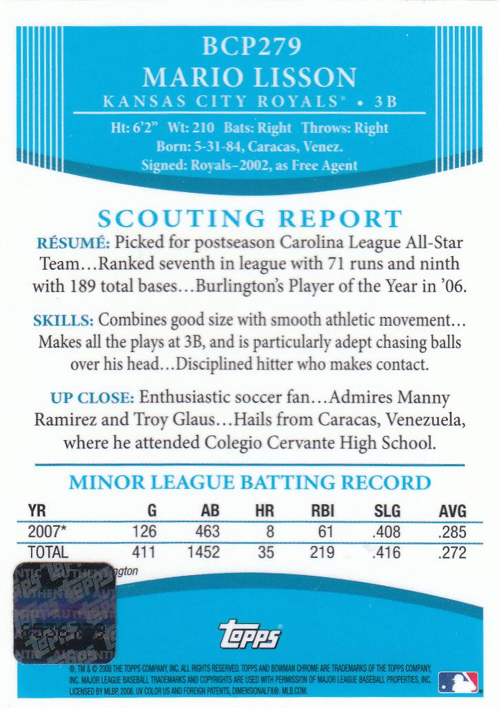 2008 Bowman Chrome Baseball "Prospects" Insert and Autograph Cards - Picture 339 of 339