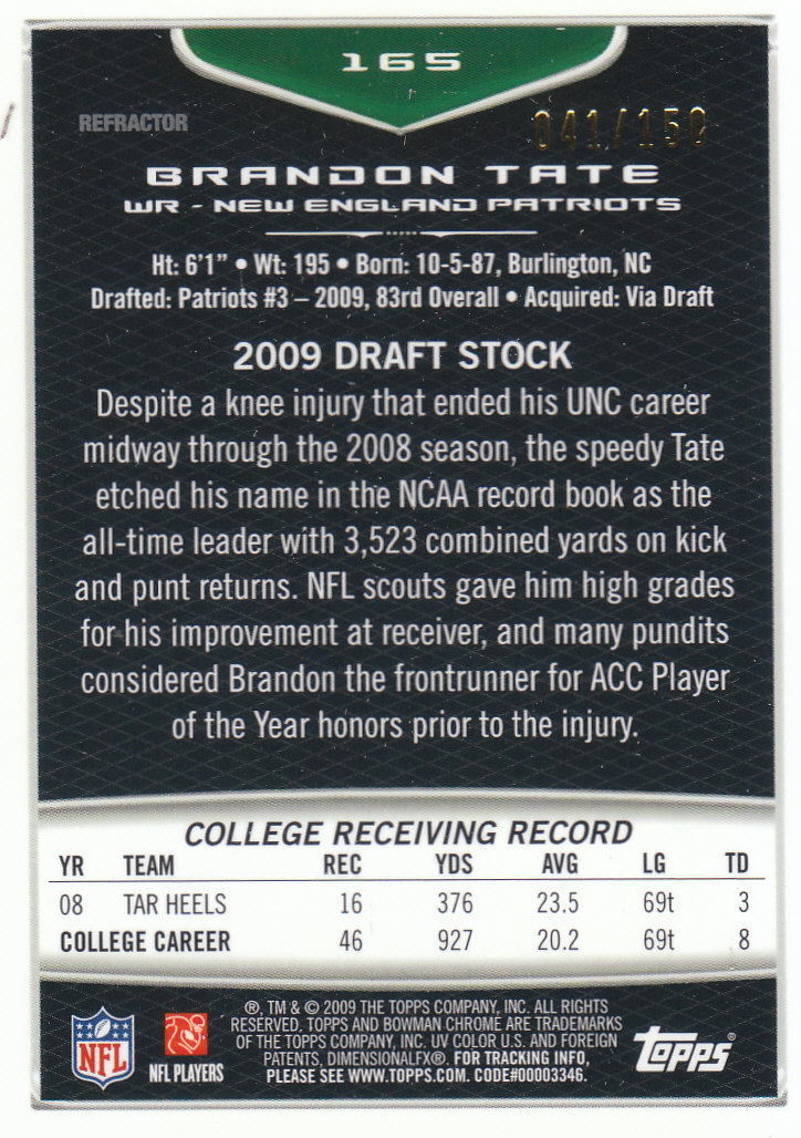 2009 Bowman Chrome Football Part 2 Parallel Refractors Cards - Picture 31 of 217