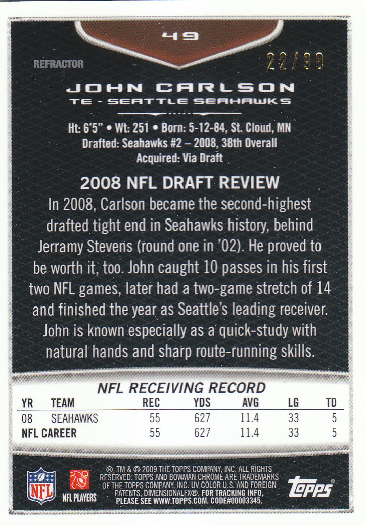 2009 Bowman Chrome Football Part 2 Parallel Refractors Cards - Picture 43 of 217