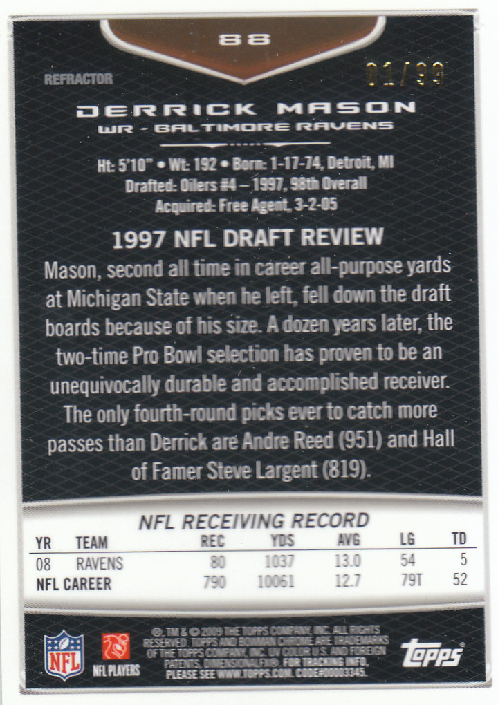 2009 Bowman Chrome Football Part 2 Parallel Refractors Cards - Picture 47 of 217