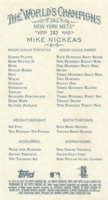 2011 Topps Allen and Ginter Baseball Part 1 Mini - Picture 267 of 366
