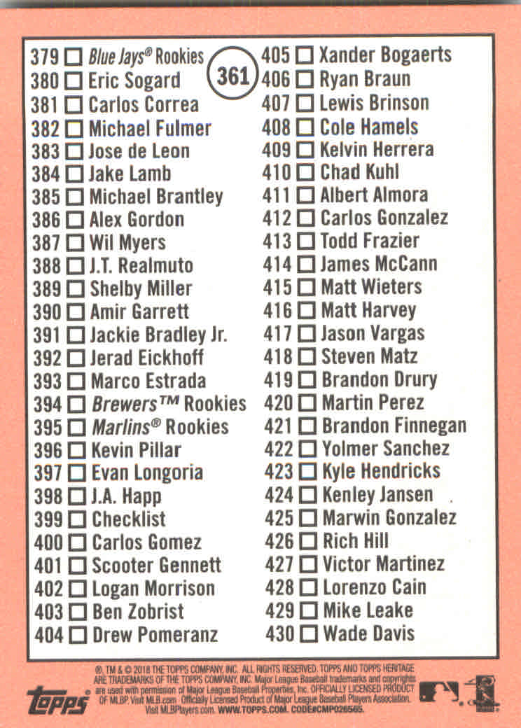 2018 Topps Heritage Baseball Part 2 Main Set Card #251-500 - Picture 209 of 287