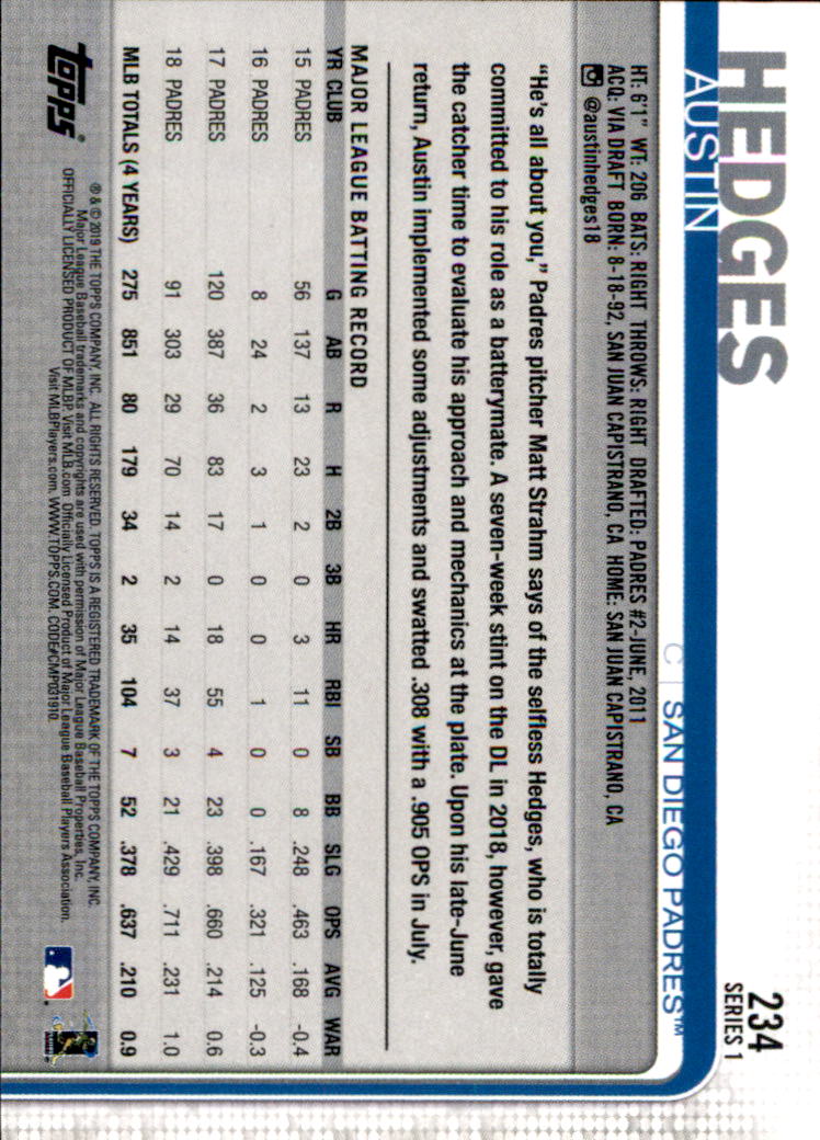 2019 Topps Series 1 Baseball Part 1 Main Set Cards #1 to #250 - Picture 447 of 475