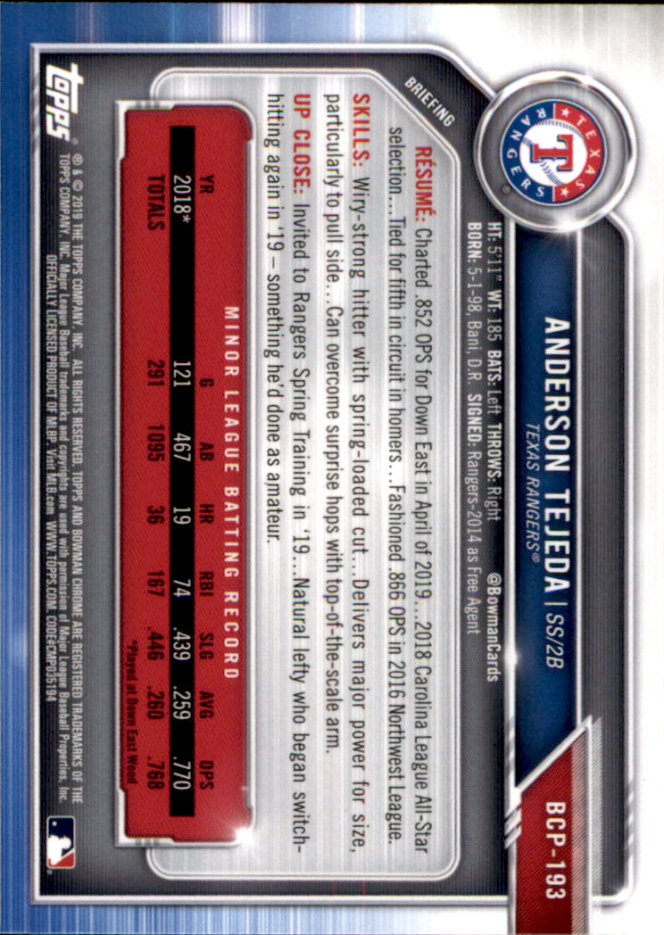 2019 Bowman Chrome Baseball "Prospects" Insert Cards #BCP1 to #BCP250 - Picture 285 of 353