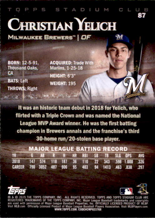 2019 Stadium Club (Topps) Baseball Part 1 Main Set Cards #1 to #150 - Picture 168 of 286