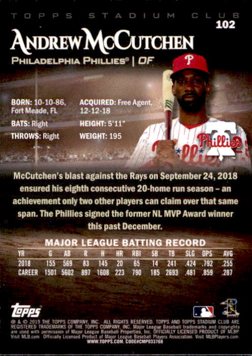 2019 Stadium Club (Topps) Baseball Part 1 Main Set Cards #1 to #150 - Picture 194 of 286
