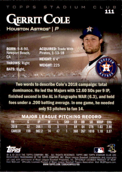 2019 Stadium Club (Topps) Baseball Part 1 Main Set Cards #1 to #150 - Picture 210 of 286