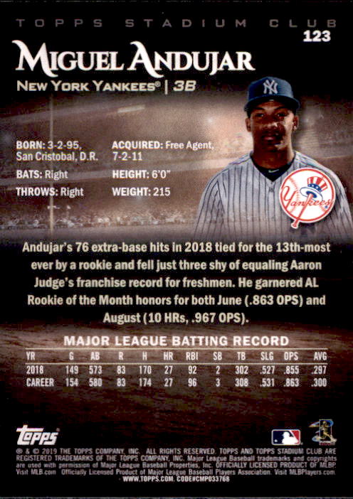 2019 Stadium Club (Topps) Baseball Part 1 Main Set Cards #1 to #150 - Picture 234 of 286
