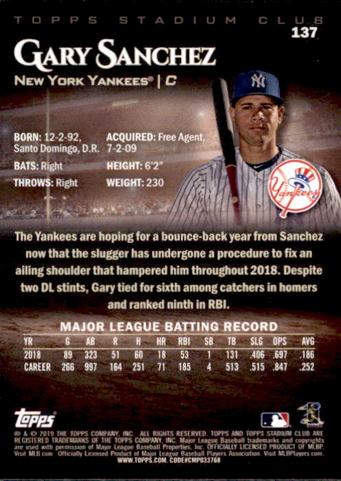 2019 Stadium Club (Topps) Baseball Part 1 Main Set Cards #1 to #150 - Picture 262 of 286
