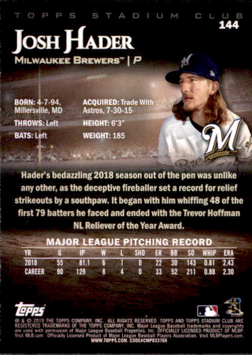 2019 Stadium Club (Topps) Baseball Part 1 Main Set Cards #1 to #150 - Picture 274 of 286