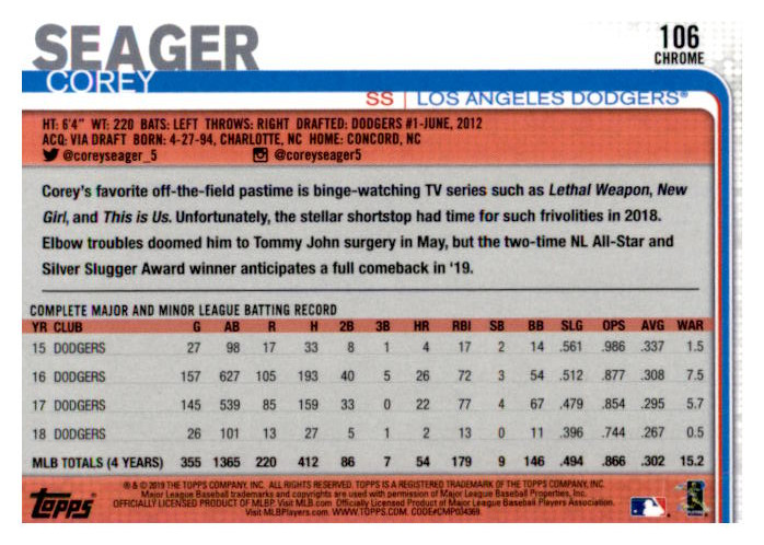 2019 Topps Chrome Baseball Part 1 Main Set Cards #1 to #204 - Picture 202 of 377