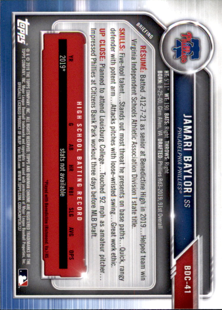 2019 Bowman Chrome Draft Baseball Part 1 Main Set Cards #BDC1 to #BDC200 - Picture 81 of 383