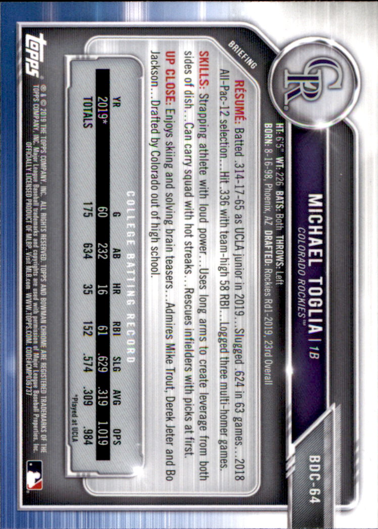 2019 Bowman Chrome Draft Baseball Part 1 Main Set Cards #BDC1 to #BDC200 - Picture 123 of 383