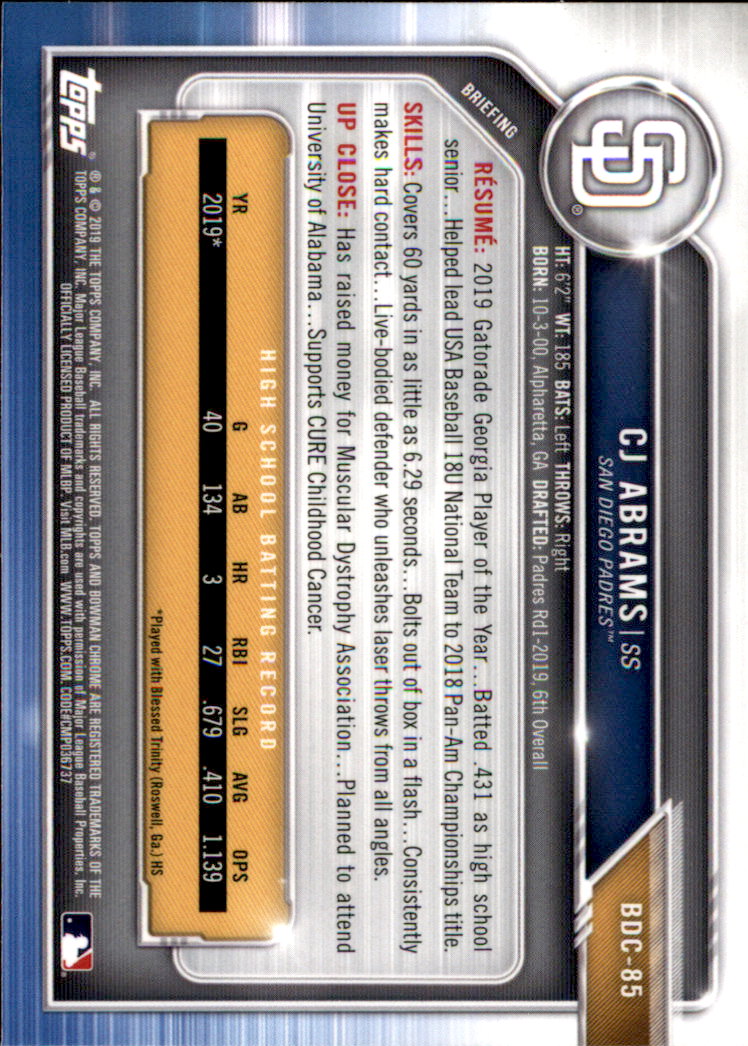 2019 Bowman Chrome Draft Baseball Part 1 Main Set Cards #BDC1 to #BDC200 - Picture 165 of 383