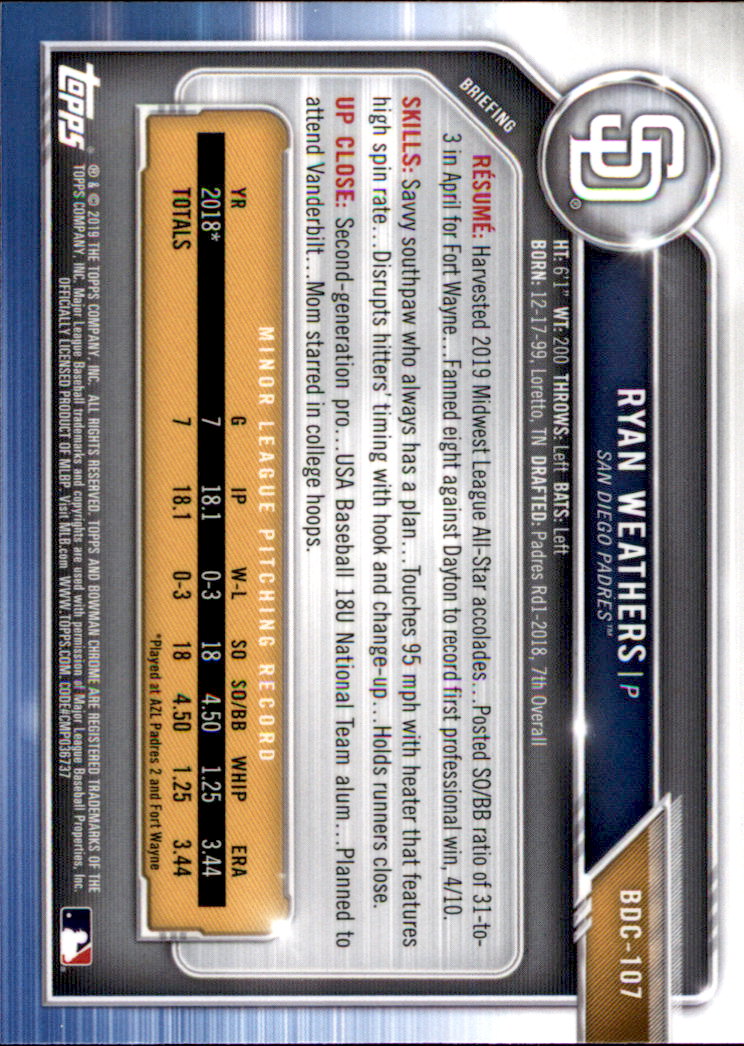 2019 Bowman Chrome Draft Baseball Part 1 Main Set Cards #BDC1 to #BDC200 - Picture 205 of 383