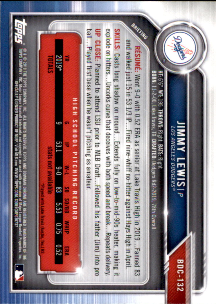 2019 Bowman Chrome Draft Baseball Part 1 Main Set Cards #BDC1 to #BDC200 - Picture 253 of 383
