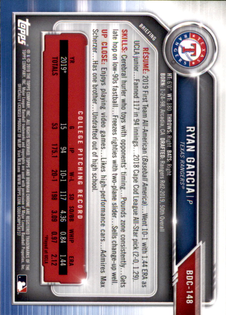 2019 Bowman Chrome Draft Baseball Part 1 Main Set Cards #BDC1 to #BDC200 - Picture 281 of 383