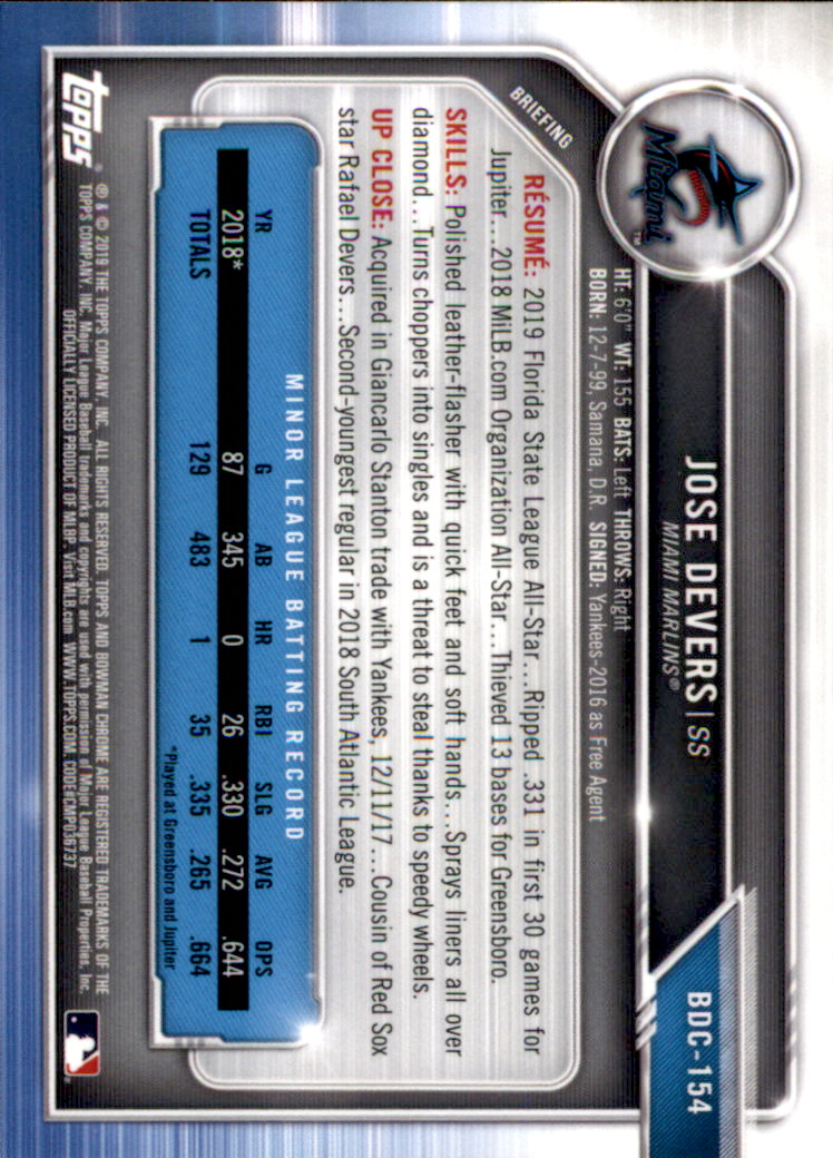 2019 Bowman Chrome Draft Baseball Part 1 Main Set Cards #BDC1 to #BDC200 - Picture 293 of 383