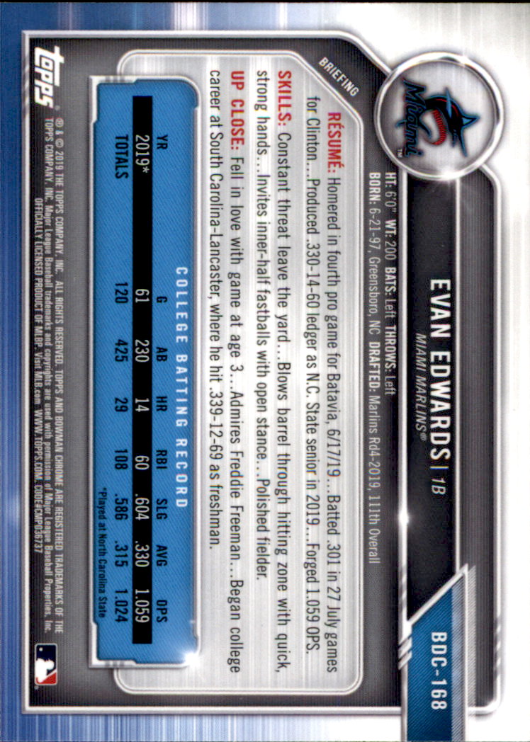 2019 Bowman Chrome Draft Baseball Part 1 Main Set Cards #BDC1 to #BDC200 - Picture 321 of 383