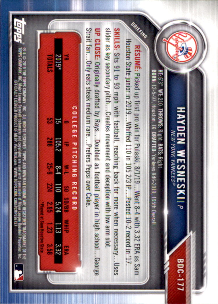 2019 Bowman Chrome Draft Baseball Part 1 Main Set Cards #BDC1 to #BDC200 - Picture 339 of 383