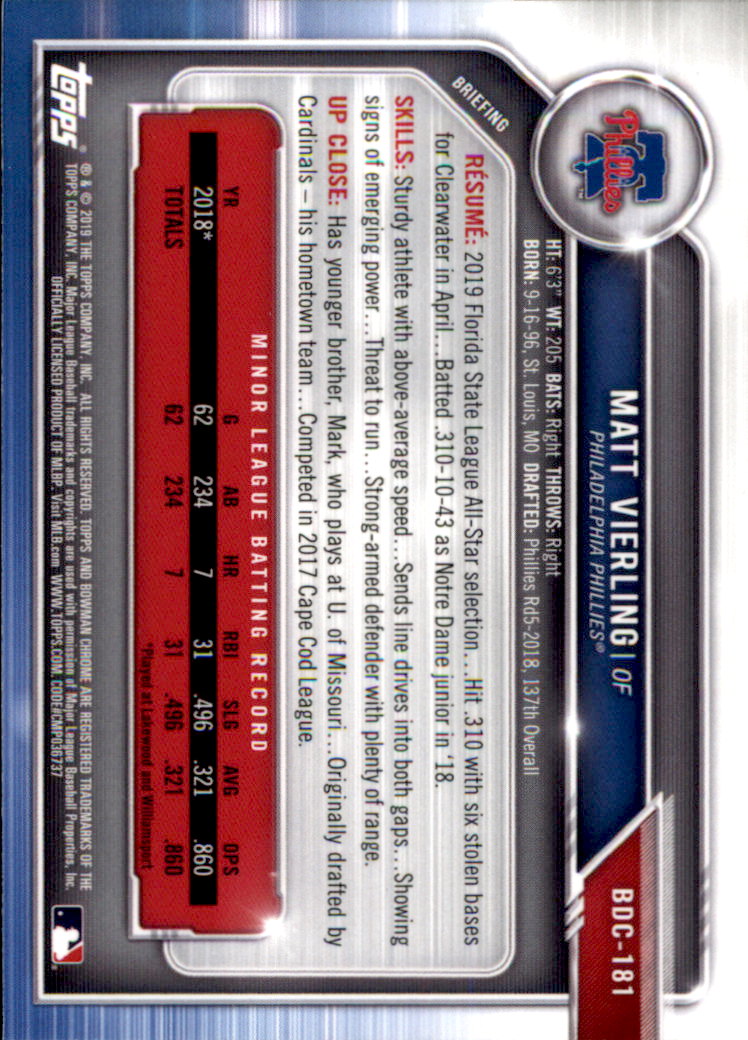 2019 Bowman Chrome Draft Baseball Part 1 Main Set Cards #BDC1 to #BDC200 - Picture 347 of 383