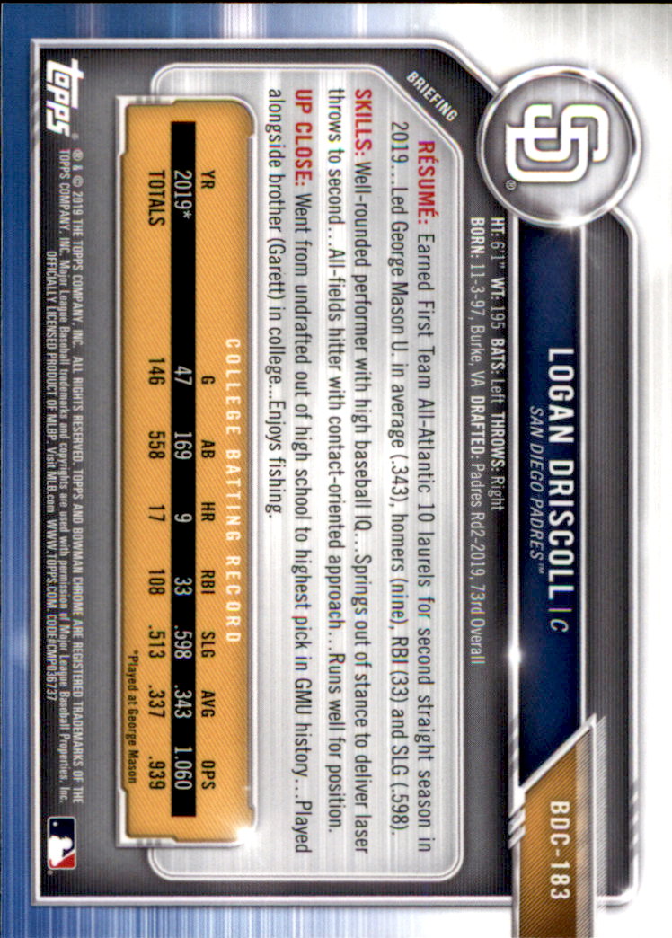 2019 Bowman Chrome Draft Baseball Part 1 Main Set Cards #BDC1 to #BDC200 - Picture 351 of 383