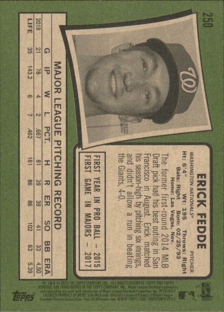 2020 Topps Heritage Baseball Part 1 Main Set Cards #1-#250 Rookies and Veterans - Picture 485 of 485