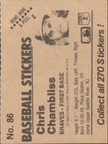 B1255- 1983 Fleer Stickers Baseball Card #s 1-200 -You Pick- 15+ FREE US SHIP - Picture 101 of 231