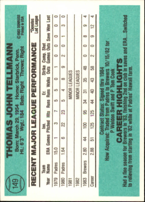 thumbnail 203 - 1984 Donruss Baseball Card Pick 3-313