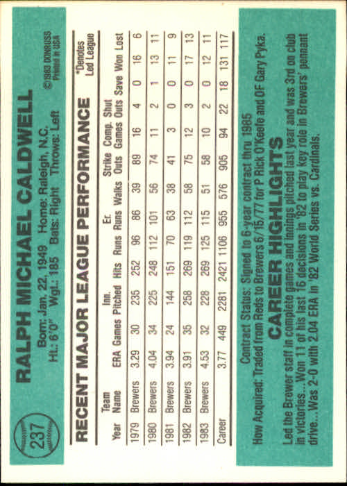 thumbnail 67 - A0070 -1984 Donruss Baseball #s 223-472 +Rookies - You Pick - 10+ FREE US SHIP