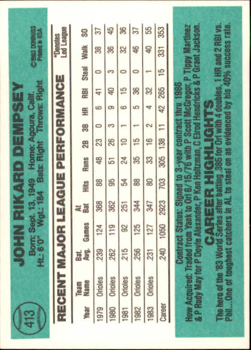 thumbnail 327 - A0070 -1984 Donruss Baseball #s 223-472 +Rookies - You Pick - 10+ FREE US SHIP
