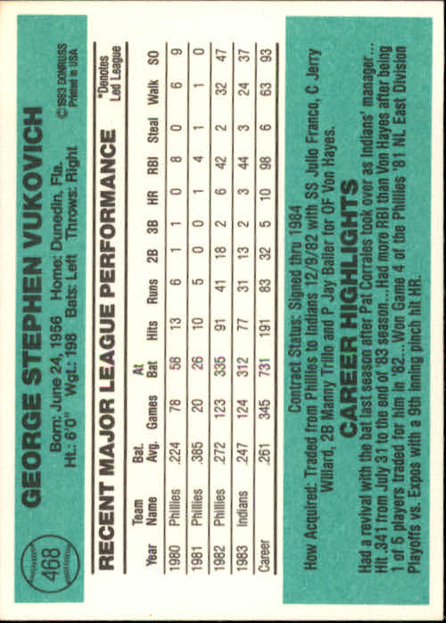 thumbnail 39 - A0070 -1984 Donruss Baseball #s 223-472 +Rookies - You Pick - 10+ FREE US SHIP