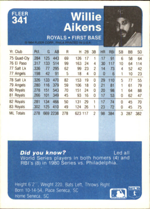 1984 Fleer Baseball Card #251-500 - Choose Your Card - Picture 169 of 487